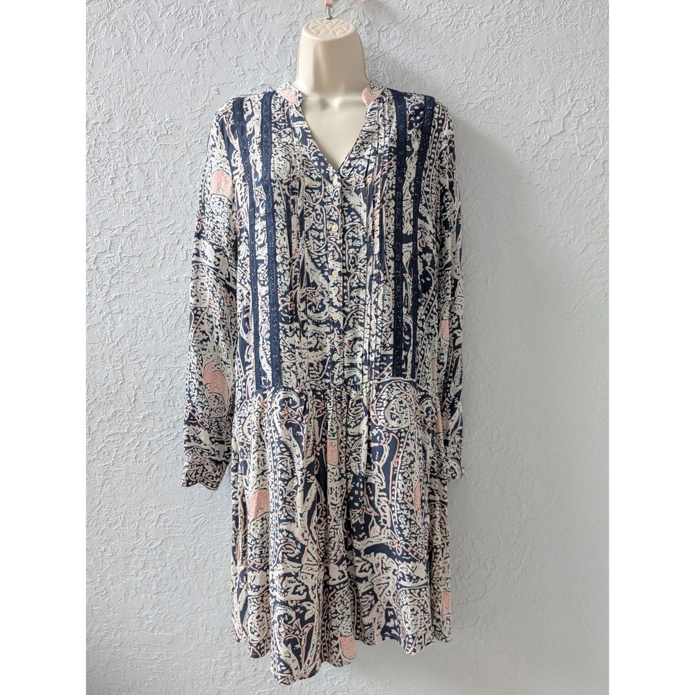Tiny Anthropologie Dress Womens XS Rayon Navy Pink Paisley Lace Trim Boho Mini